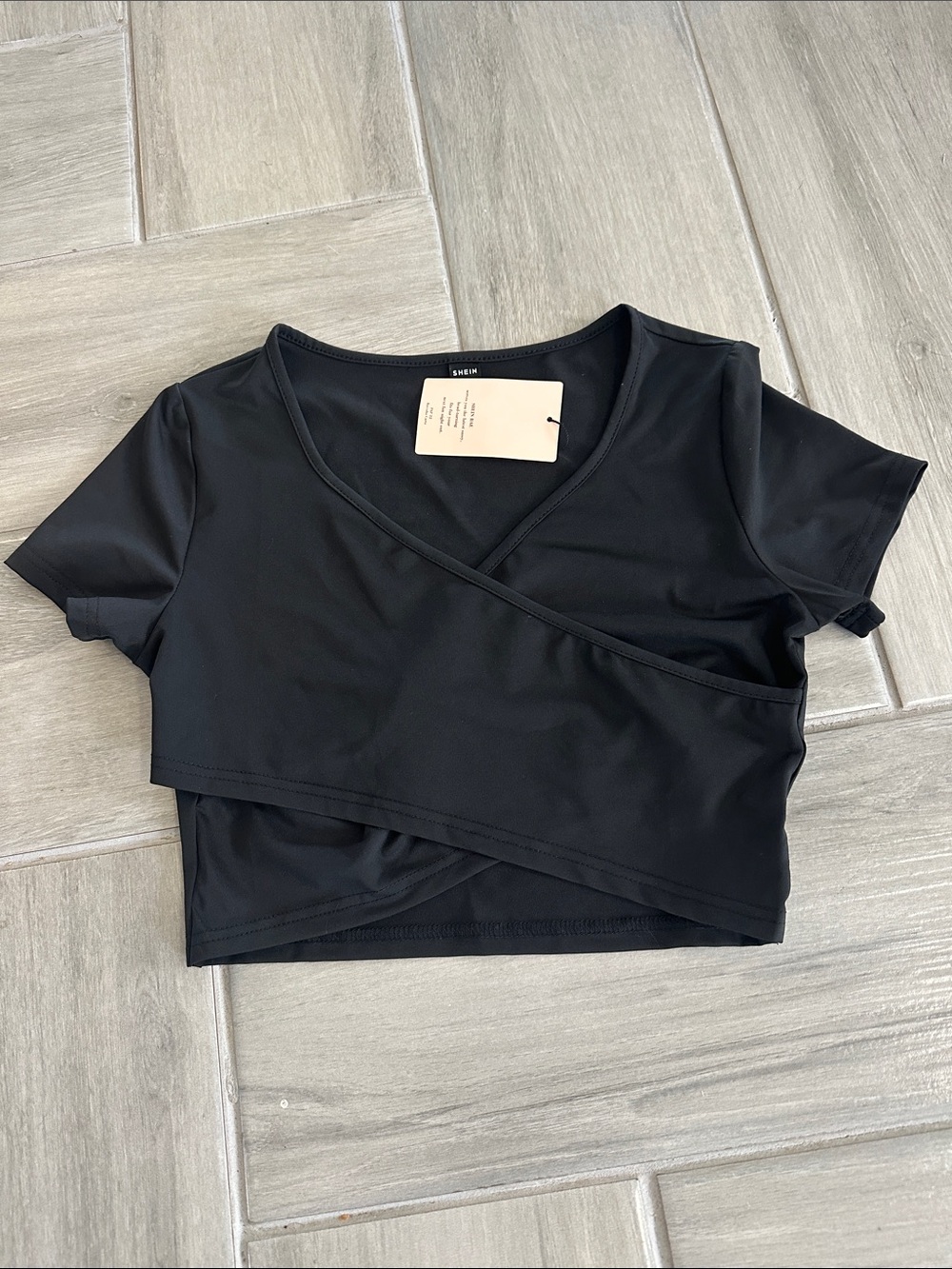 Black Wrap-Front Crop Top by Shein